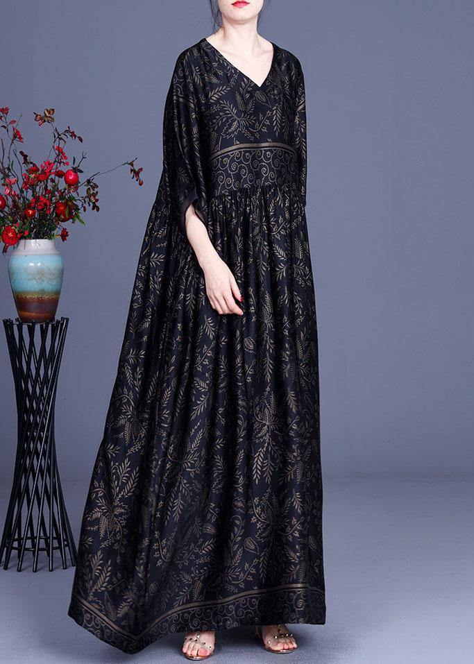 Modern Black Print Silk V Neck Dresses Summer