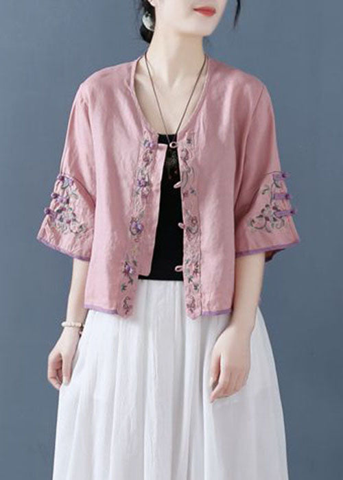 Pink Embroideried Button Shirts Half Sleeve