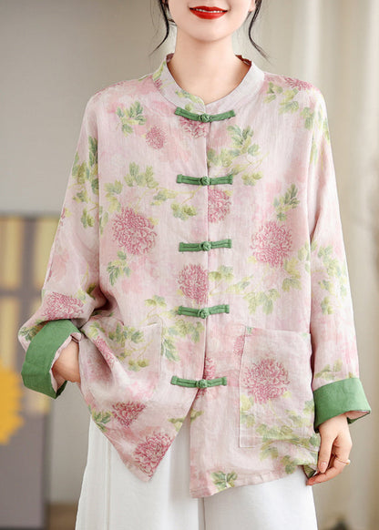 Pink Print Pockets Chinese Button Linen Blouse Top Spring