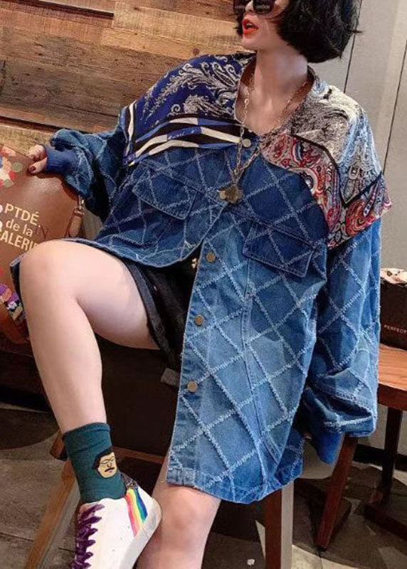 Simple Blue Button Patchwork Print Fall Coats Long Sleeve