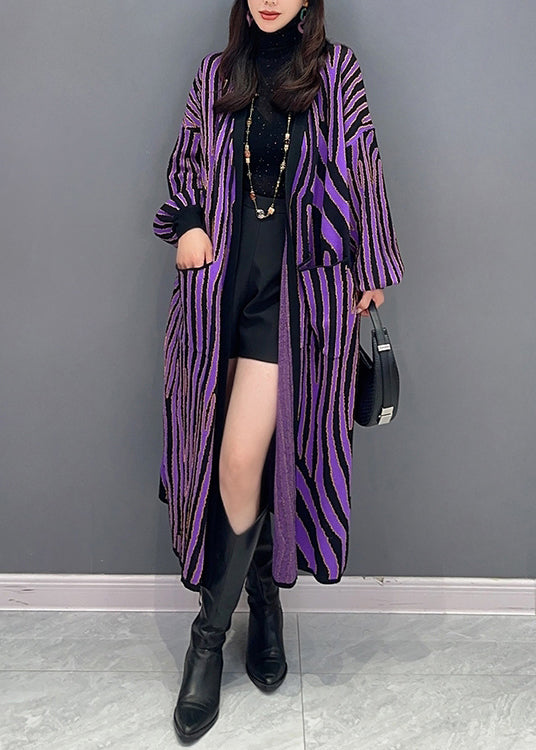 Purple Striped Pockets Patchwork Knit Long Cardigan Fall