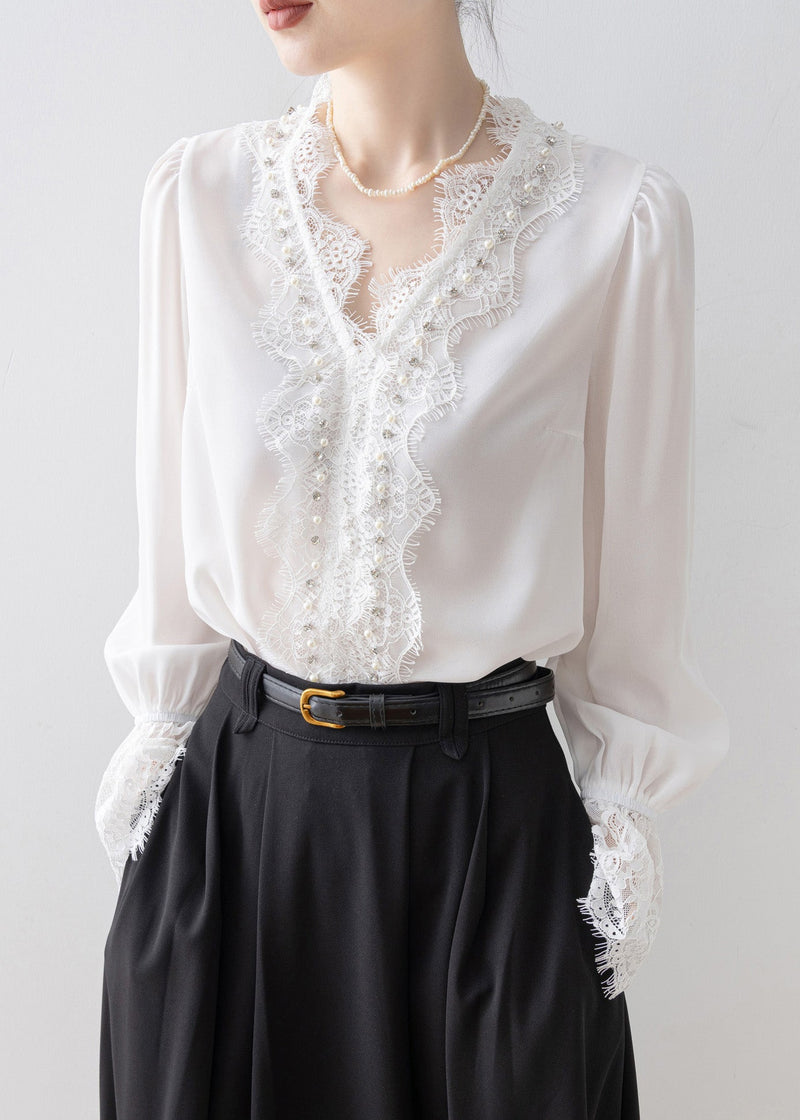 White V Neck Lace Patchwork Chiffon Top Spring