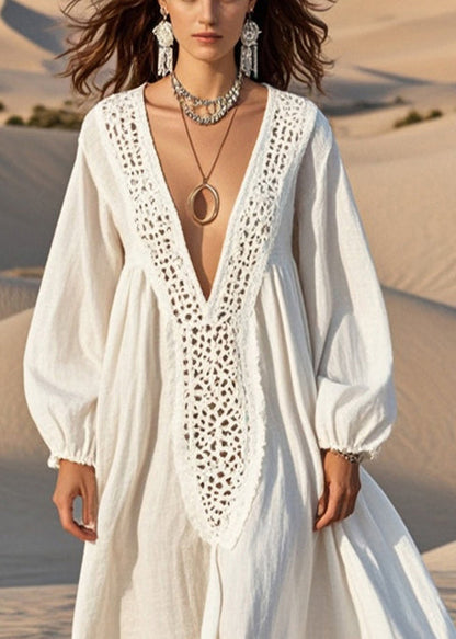 Unique White Oversized Hollow Out Cotton Maxi Dress Spring