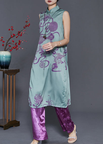 Green Mandarin Collar Oriental Silk Two Pieces Set Sleeveless