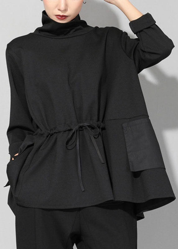 Handmade Black Turtleneck Patchwork Pockets Tie Waist Fall Top Long Sleeve