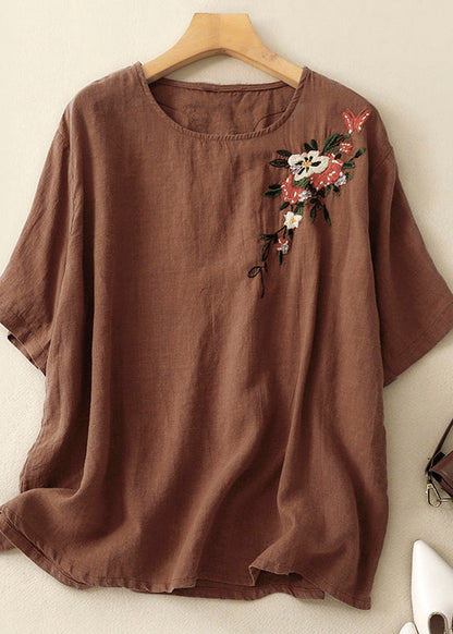 Khaki O Neck Embroidered Linen T Shirts Summer