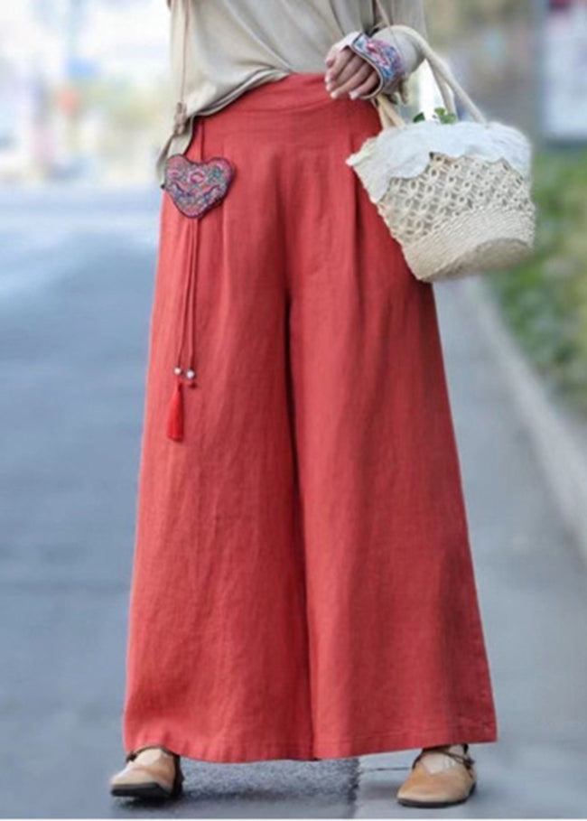 Unique Red Wrinkled Embroideried Pendant Linen Wide Leg Pants Spring