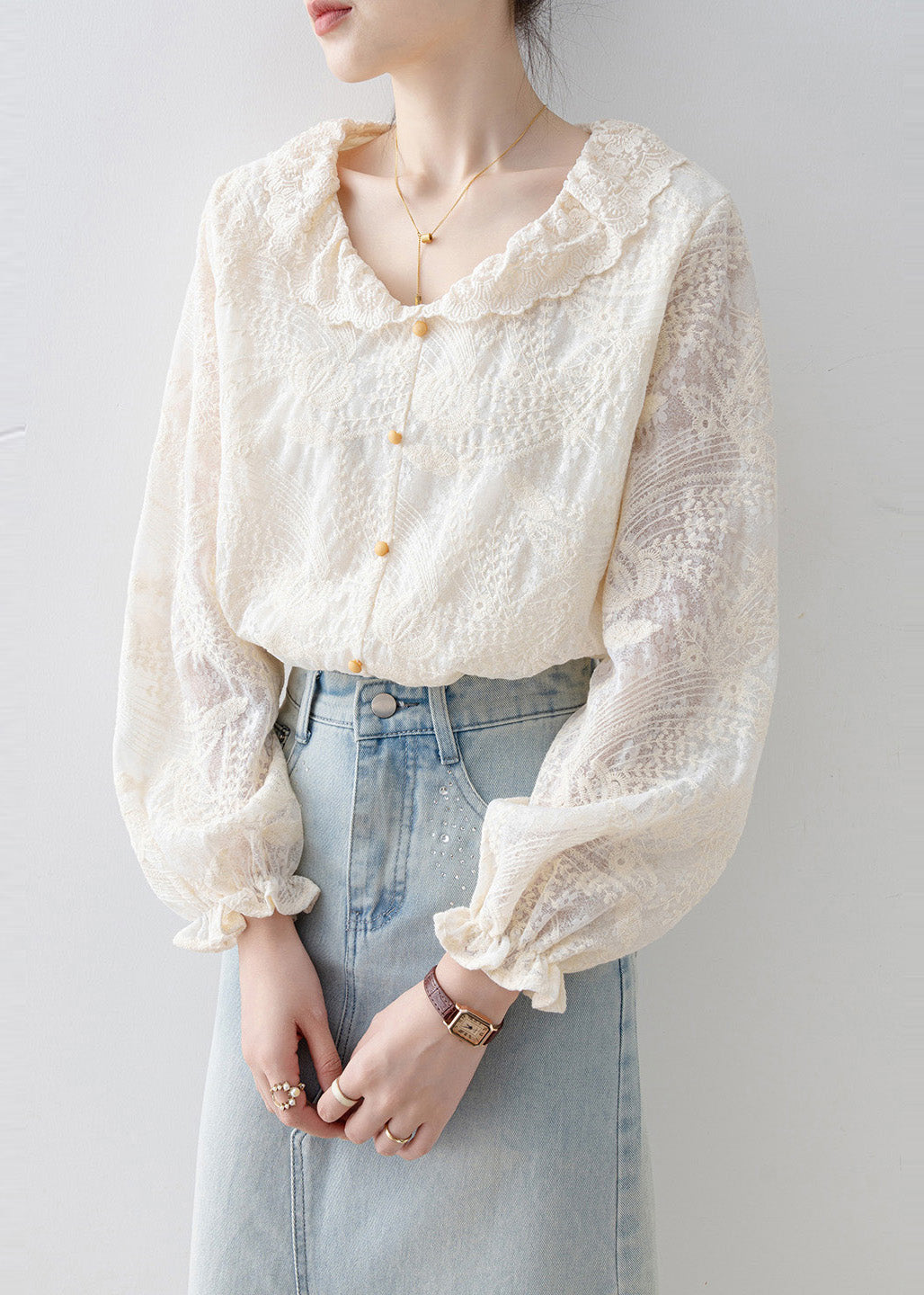 Apricot Embroidered Lace Shirt Tops Spring