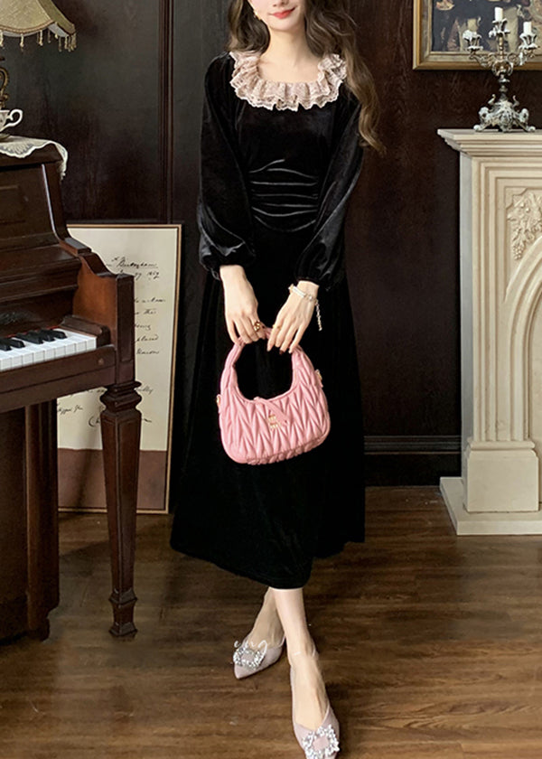 French Black Square Collar Lace Slim Fit Velour Dresses Spring
