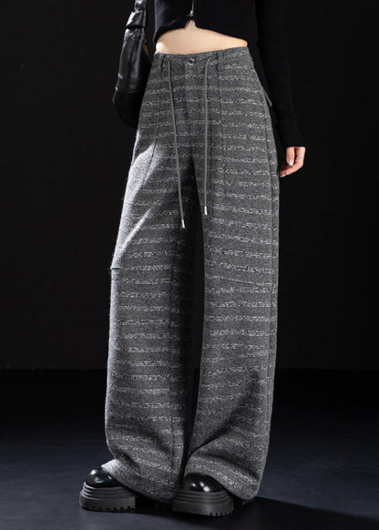 Grey Pockets Striped Woolen Wide Leg Pants Winter