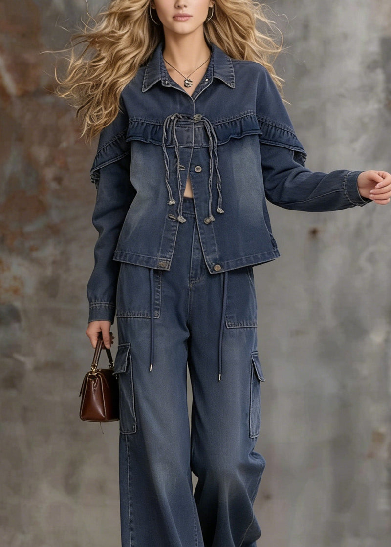 Unique Blue Ruffled Pockets Patchwork Denim Two Pieces Set Spring