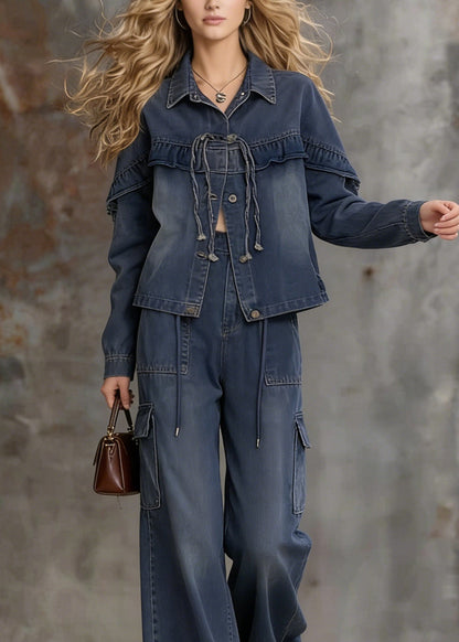 Unique Blue Ruffled Pockets Patchwork Denim Two Pieces Set Spring
