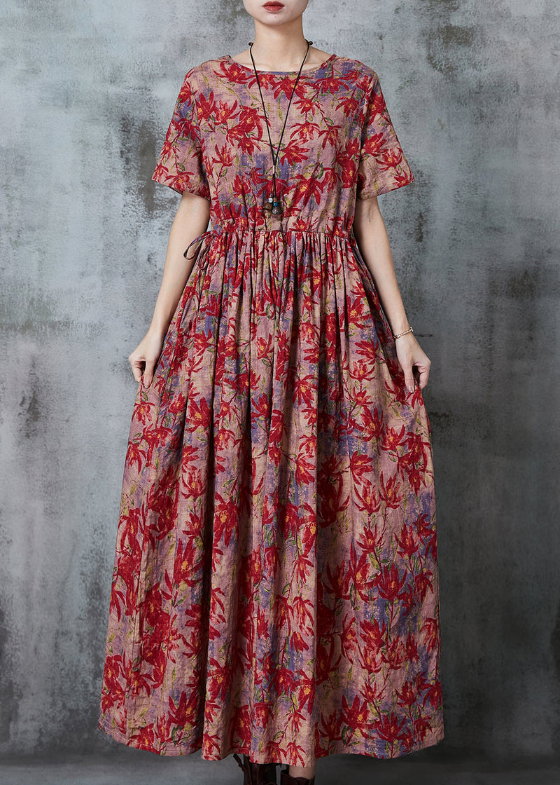 Maple Leaves Print Linen Cinched Dress Summer