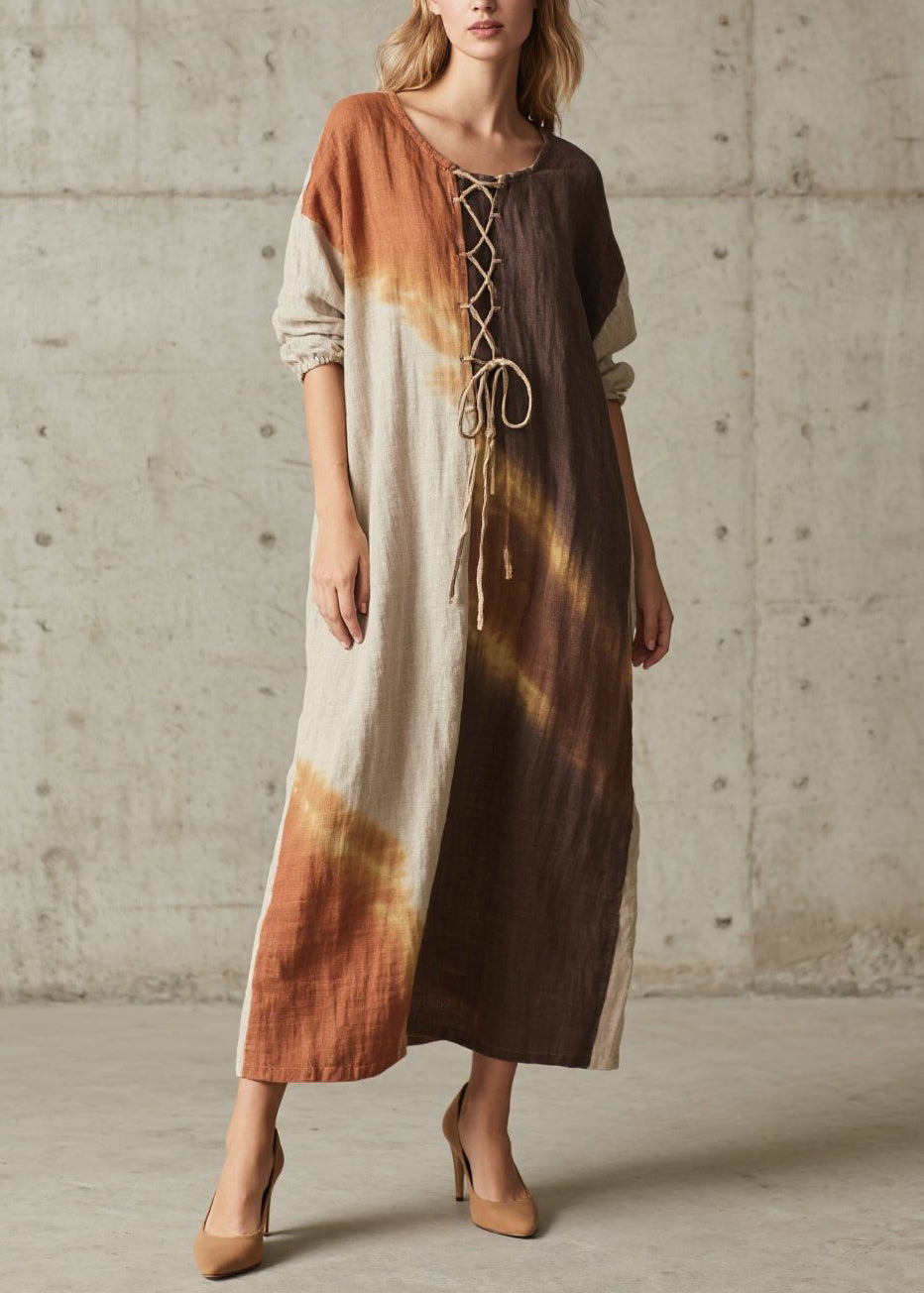 Colorblock O Neck Lace Up Cotton Long Dress Fall