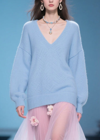 Simple Blue V Neck Knit Sweaters Winter