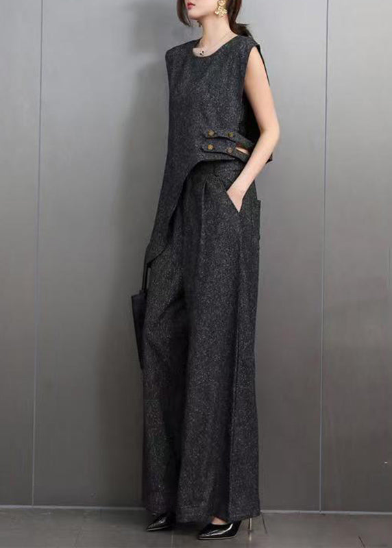 Blue O-neck Navy Asymmetrical Denim Top and Wide Leg Pants Two Pieces Set Summer