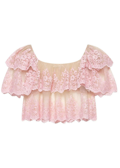 Pink Slash Neck Ruffled Embroidered Tulle Top Summer