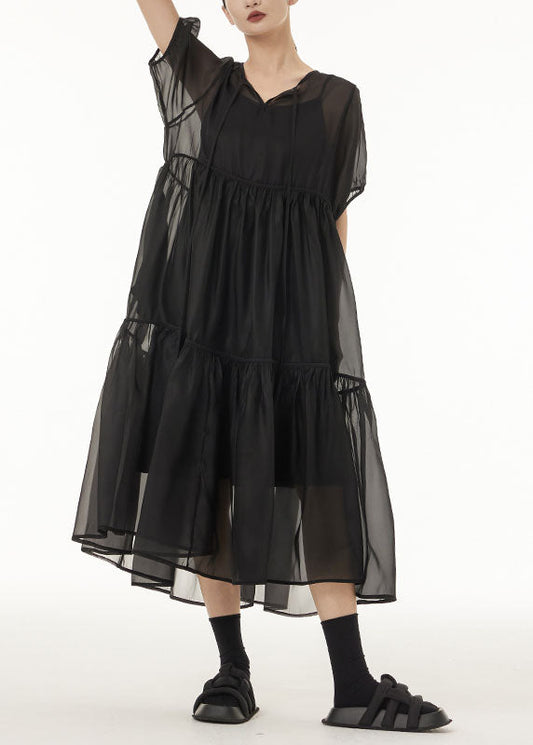 Fine Black Oversized Patchwork Tulle Holiday Dress Two-piece Set Summer