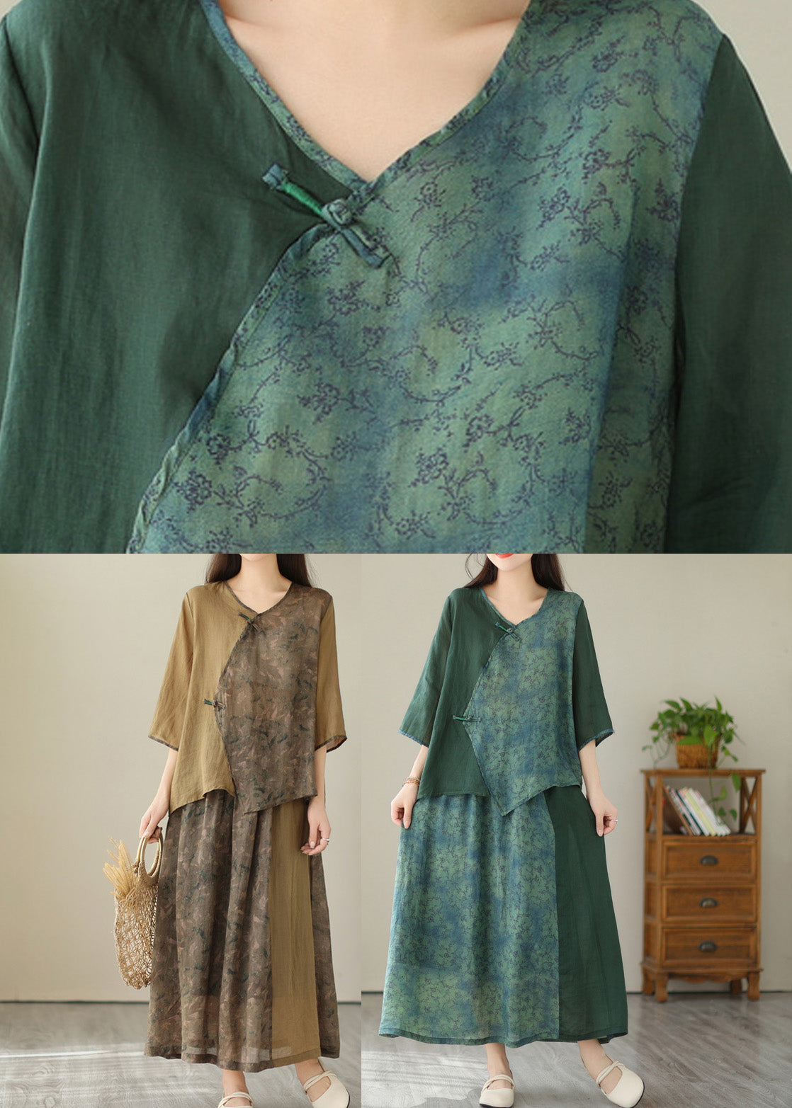 Khaki Print Linen Top and a Line Skirts Two Pieces Set Summer