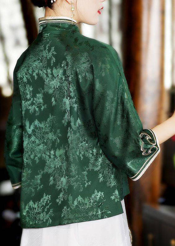 Oriental Green Stand Collar Button Silk Tops Three Quarter Sleeve