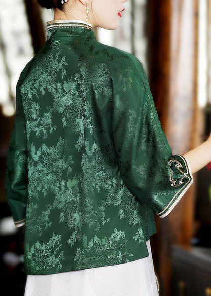 Oriental Green Stand Collar Button Silk Tops Three Quarter Sleeve