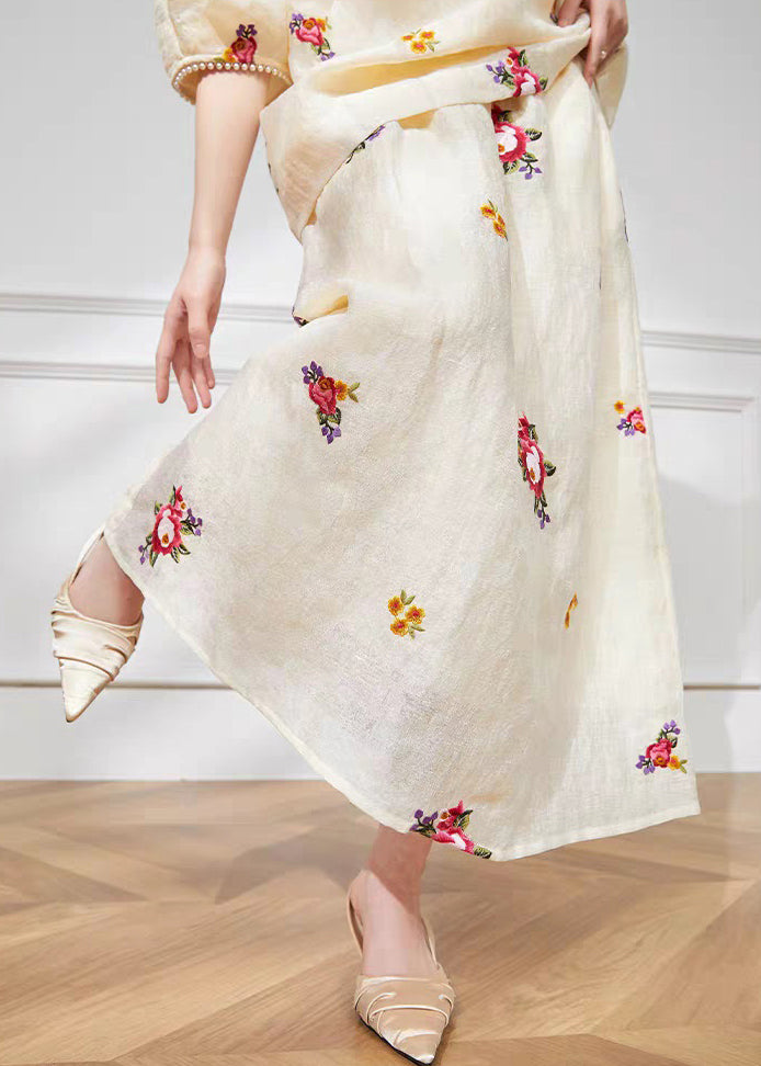 Light Yellow Print Top and Maxi Skirts Two Pieces Set Short Sleeve