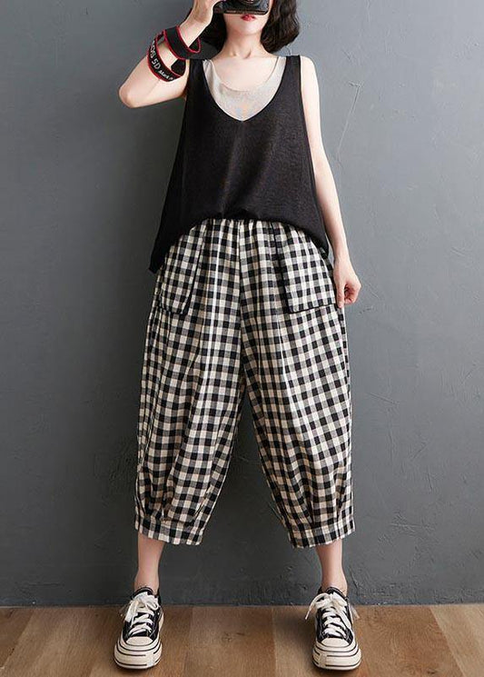 Plaid Elastic Waist Harem Pants Summer Cotton Linen