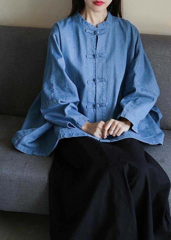 Loose Stand Collar Chinese Button Clothes for Sleeve Denim Light Blue Shirts