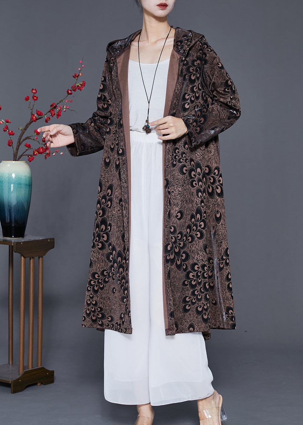 Brown Hooded Print Spandex Coat Outwear Spring
