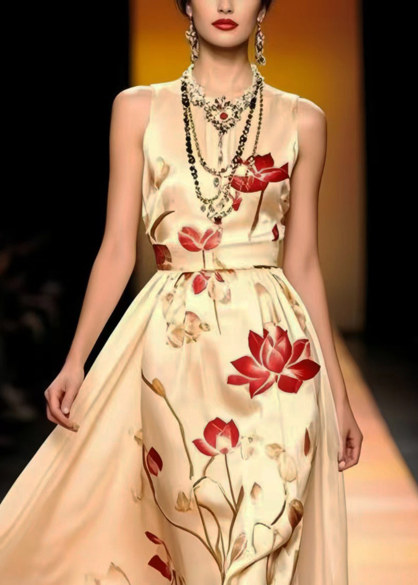 Fine Champagne Print Low High Design Silk Vestidos Dresses Sleeveless Summer