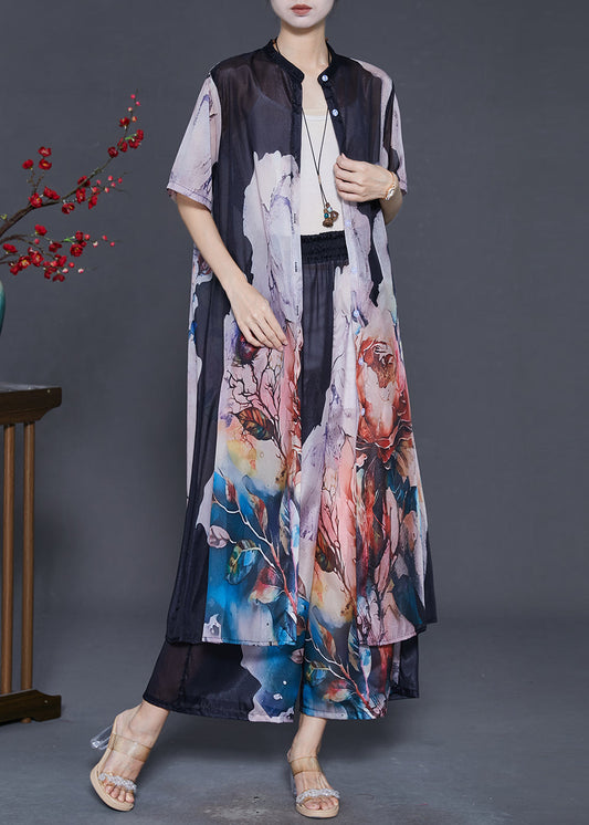 New Black Oversized Print Chiffon Two Pieces Set Summer