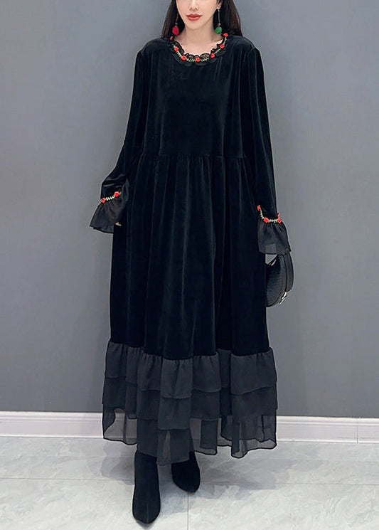 Black Tulle Patchwork Silk Velour Long Dresses Spring