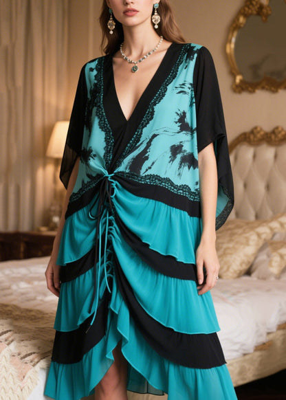 Peacock Blue Cinched Patchwork Chiffon Vacation Dresses Summer