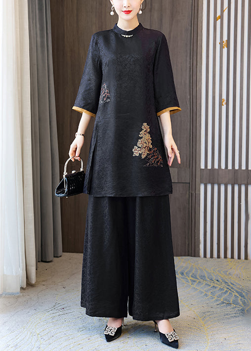 Black Stand Collar Oversized Jacquard Spandex 2 Piece Outfit Summer