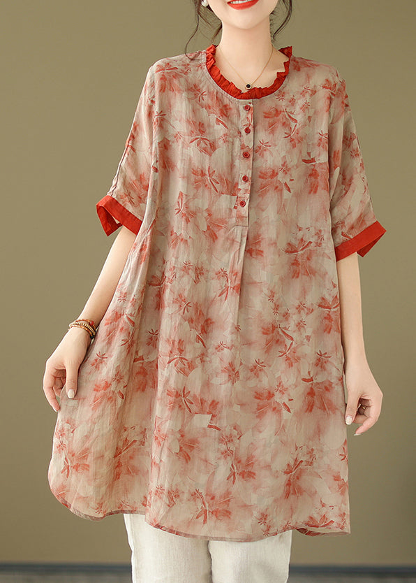 Red Ruffled Print Button Top Short Sleeve