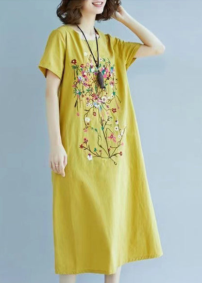 Yellow Fine Embroidered Linen Dress Summer
