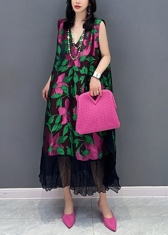 Black V Neck Print Cotton Long Dresses Sleeveless