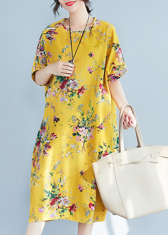 Yellow O-neck Print Cotton Holiday Dress Summer
