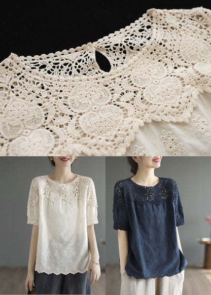 Navy Patchwork Cotton Tank Embroideried Hollow Out Summer