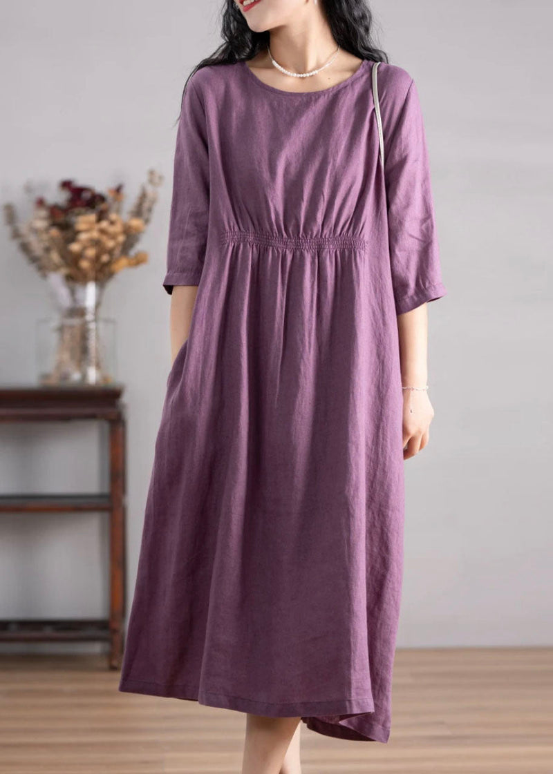 Blue O Neck Pockets Wrinkled Linen Dresses Summer