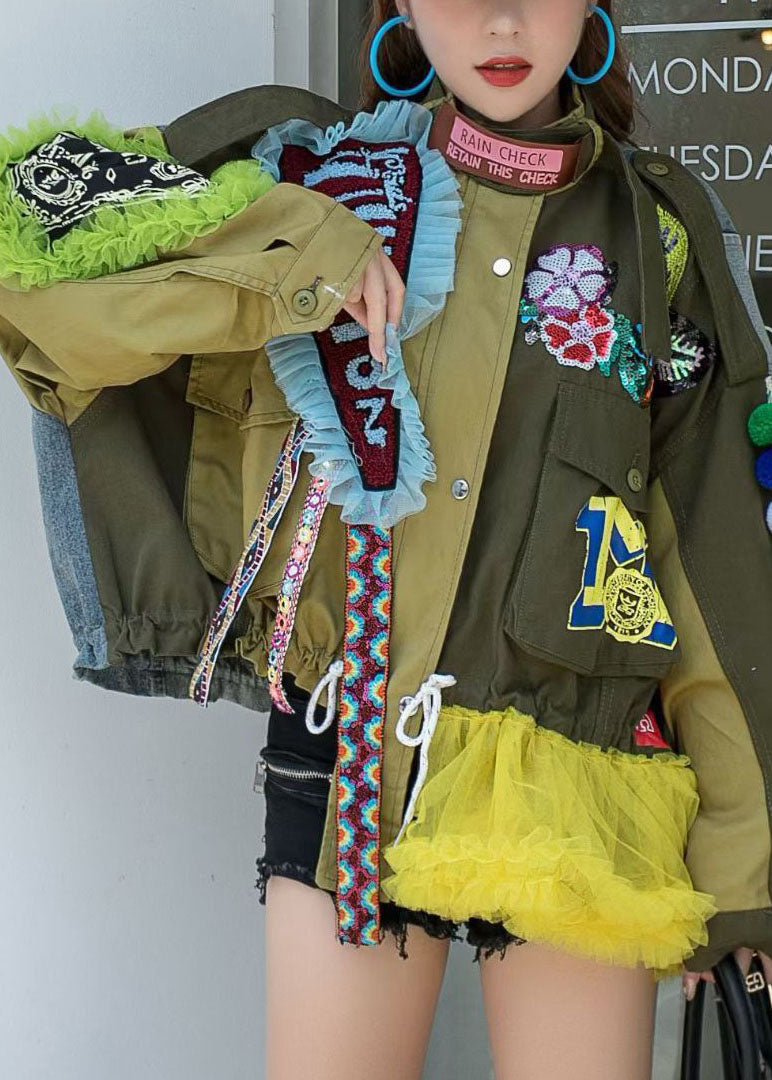 Army Green Stand Collar Button Print Patchwork Fall Denim Coat Long Sleeve