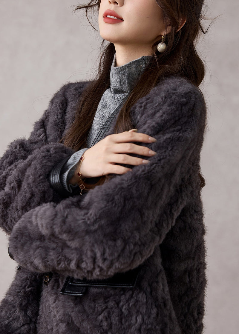 Dark Grey V Neck Patchwork Faux Fur Coats Winter