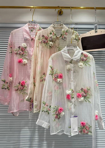 Pink Zircon Patchwork Cotton Shirts Fall