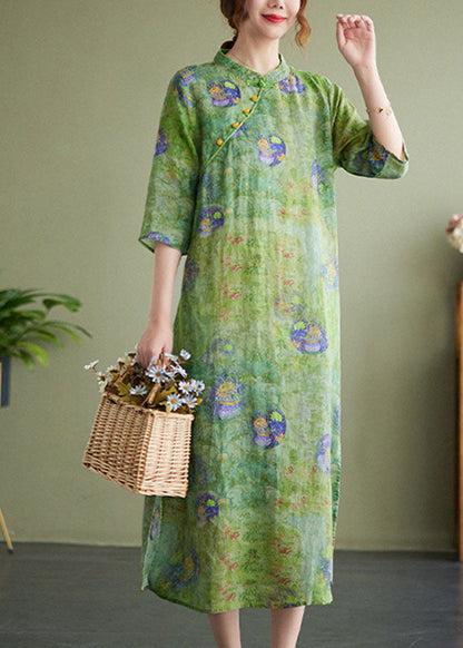 Green Stand Collar Print Side Open Cotton Linen Cheongsam Dress Half Sleeve