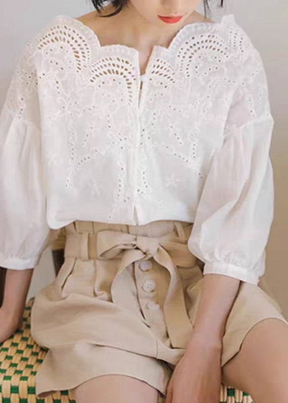 Unique White Hollow Out Shirts Puff Sleeve Summer