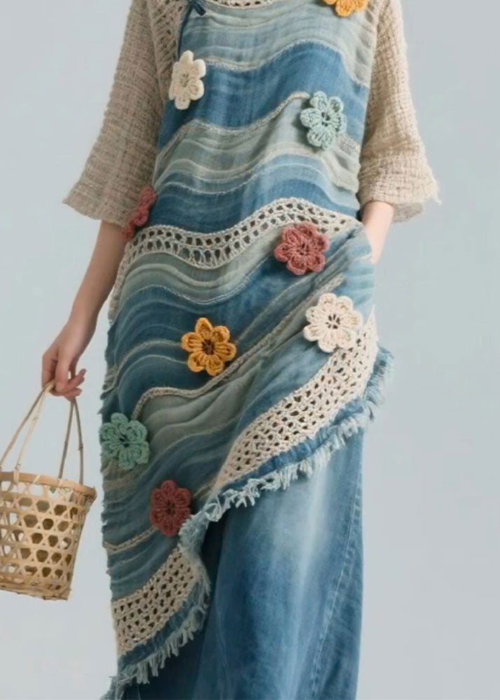Blue Striped Hollow Out Knit Patchwork Blouses Bracelet Sleeve