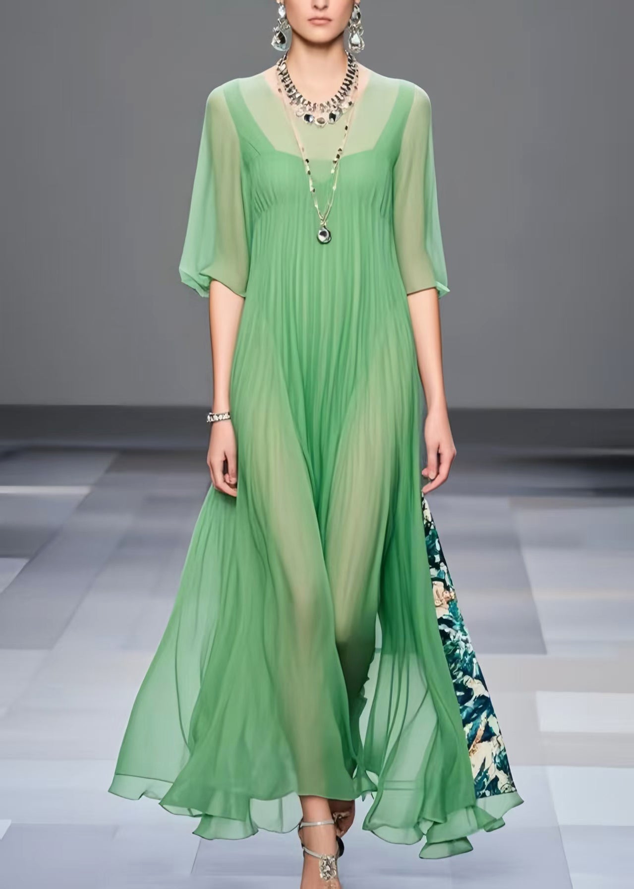 Modern Light Green Oversized Patchwork Chiffon Vacation Dresses Half Sleeve Summer