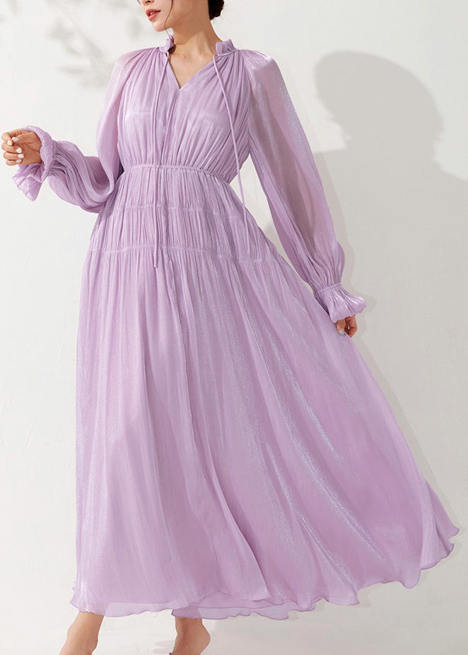 Light Purple Ruffled Lace Up Silk Long Dress Fall