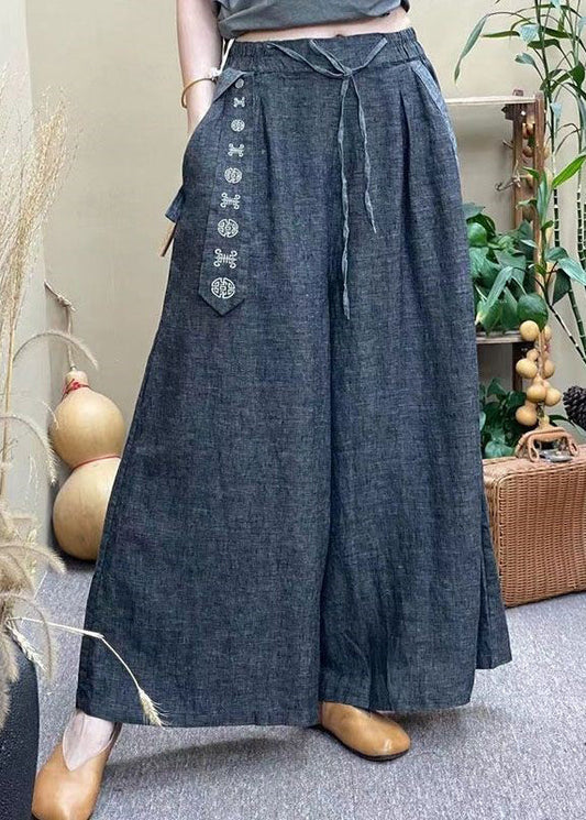 Grey Elastic Waist Drawstring Pockets Linen Wide Leg Pants Summer