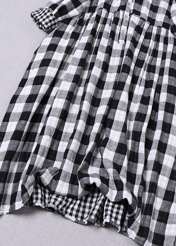 Black White Plaid Peterpan Collar Pockets Button Fall Patchwork Cotton Dresses